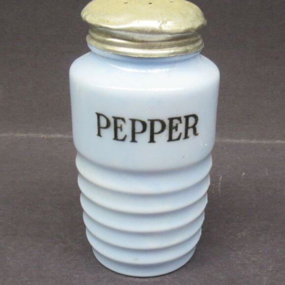 Jeannette Delphite Blue RIBBED 4 3/4 Inch High Pepper Shaker, Original Metal Lid - Picture 1 of 4